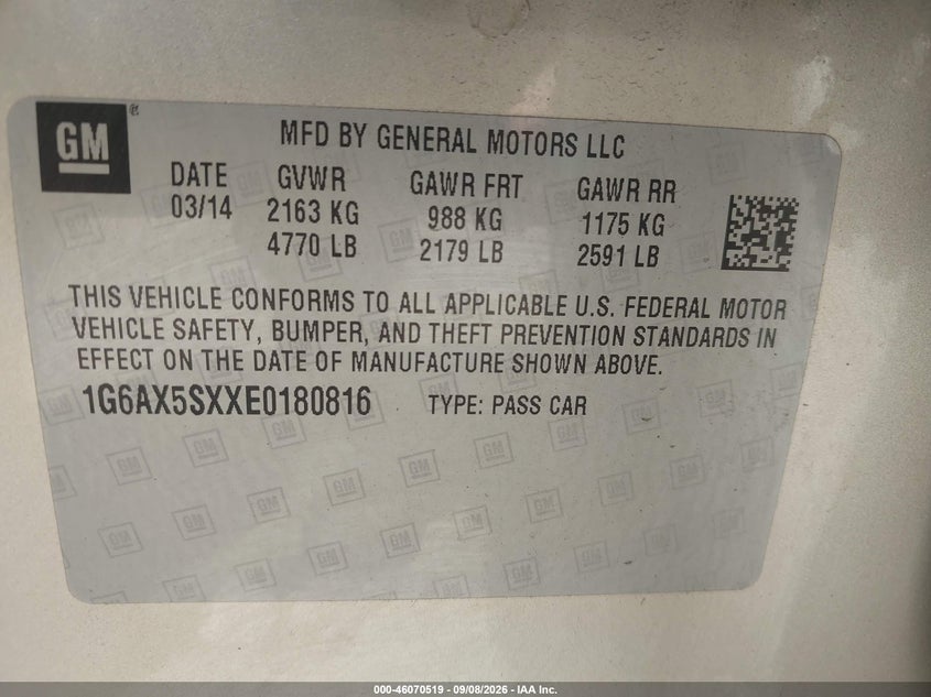 CADILLAC CTS 2014 VIN 1G6AX5SXXE0180816