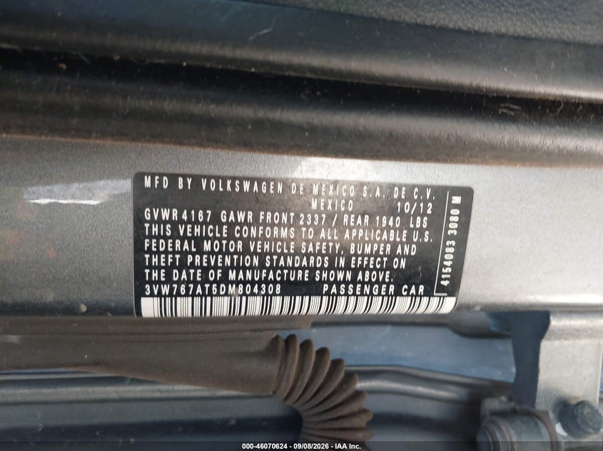 VOLKSWAGEN BEETLE 2013 VIN 3VW767AT5DM804308
