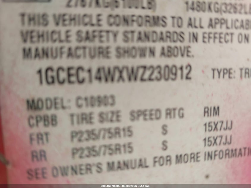 CHEVROLET C1500 1998 VIN 1GCEC14WXWZ230912