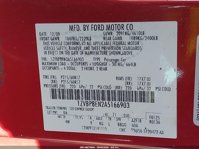 FORD MUSTANG 2010 VIN 1ZVBP8EN2A5166903