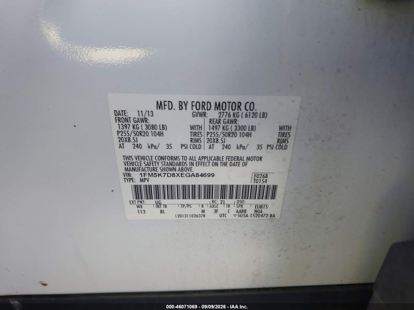 FORD EXPLORER 2014 VIN 1FM5K7D8XEGA84699