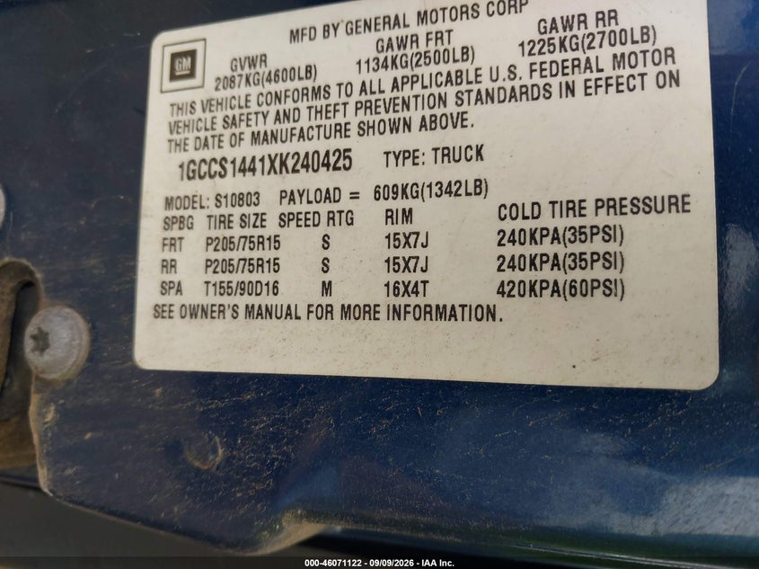 CHEVROLET S-10 1999 VIN 1GCCS1441XK240425