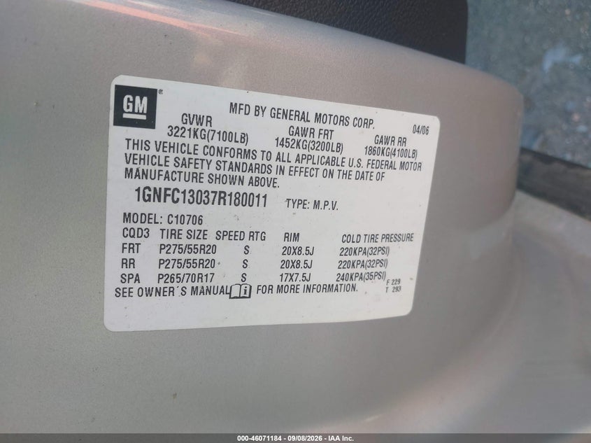 CHEVROLET TAHOE 2007 VIN 1GNFC13037R180011