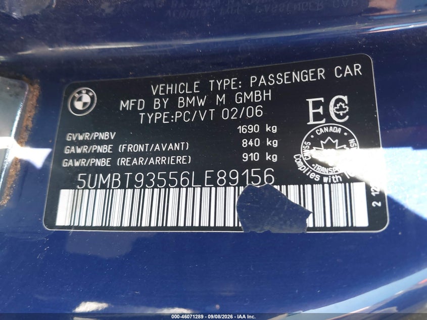 BMW M 2006 VIN 5UMBT93556LE89156