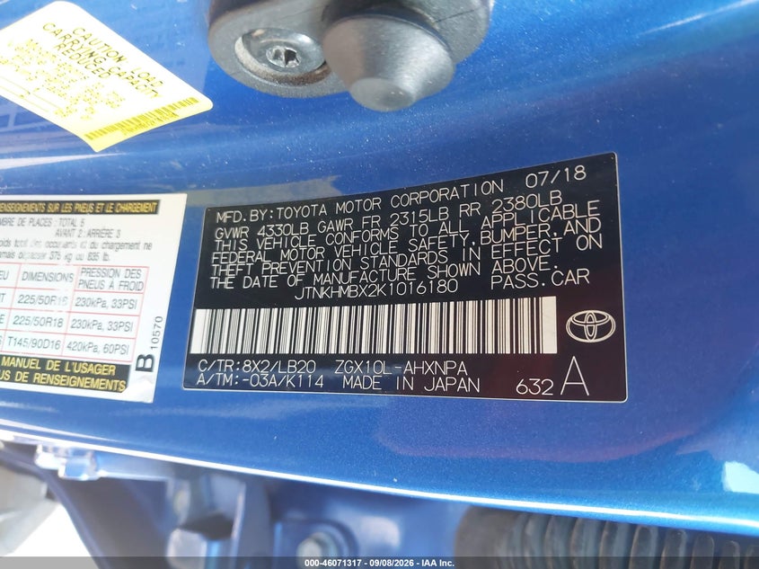 TOYOTA C-HR 2019 VIN JTNKHMBX2K1016180