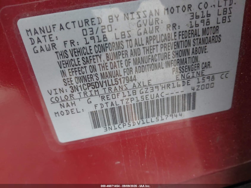NISSAN KICKS 2020 VIN 3N1CP5DV1LL517944