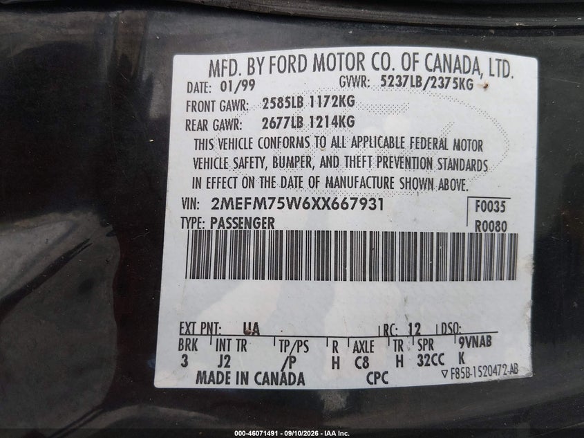 MERCURY GRAND MARQUIS 1999 VIN 2MEFM75W6XX667931