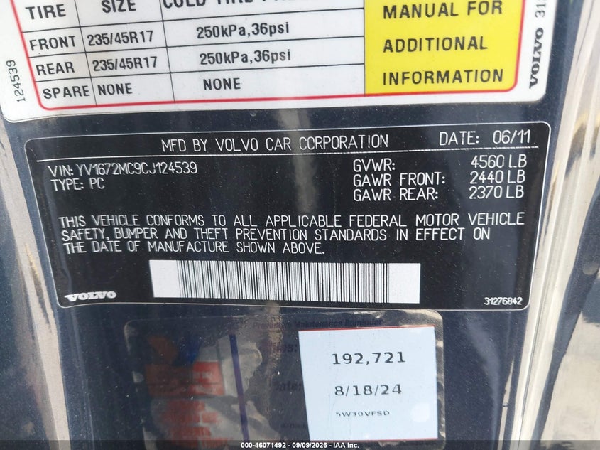 VOLVO C70 2012 VIN YV1672MC9CJ124539