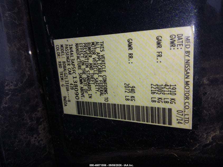 NISSAN ALTIMA 2015 VIN 1N4AL3AP5FC138090