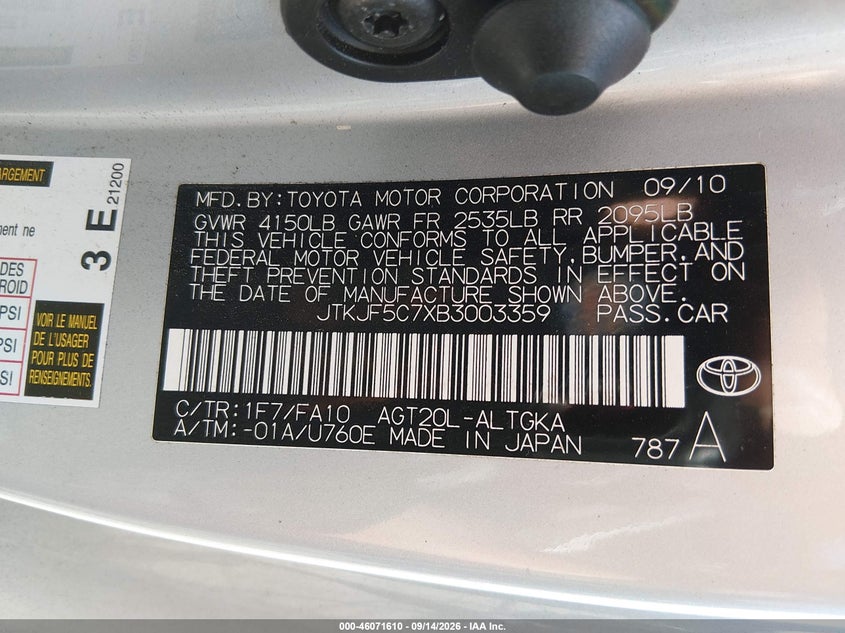 SCION TC 2011 VIN JTKJF5C7XB3003359