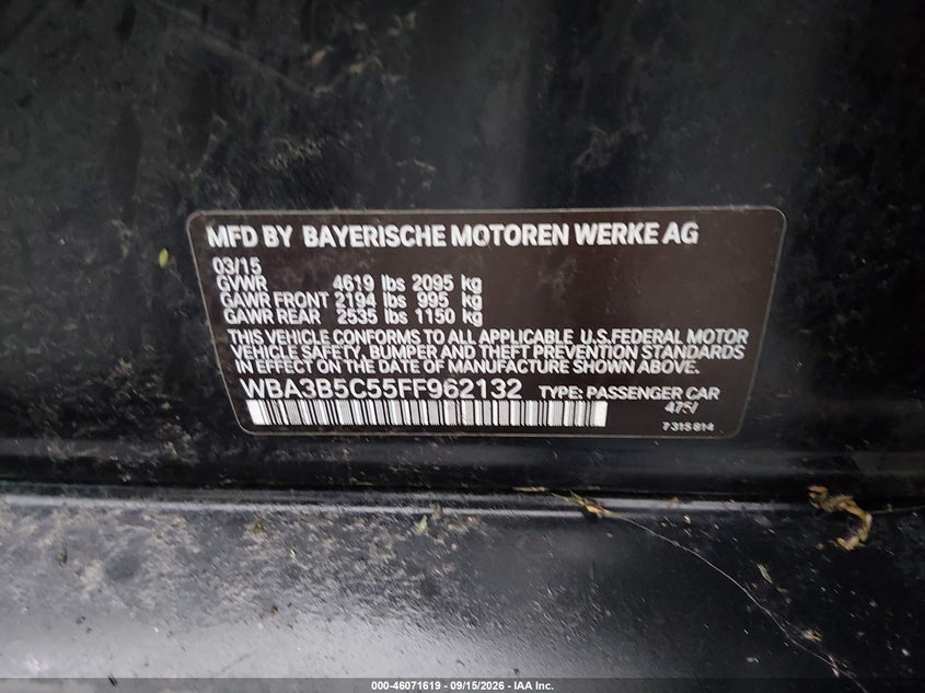BMW 328I 2015 VIN WBA3B5C55FF962132