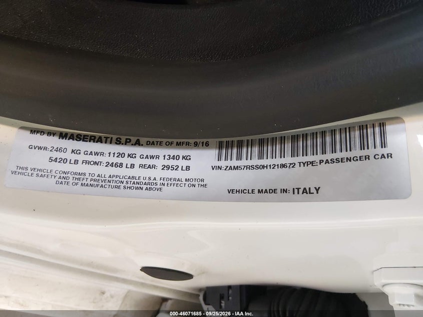 MASERATI GHIBLI 2017 VIN ZAM57RSS0H1218672