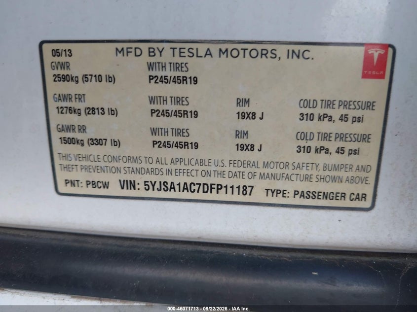 TESLA MODEL S 2013 VIN 5YJSA1AC7DFP11187