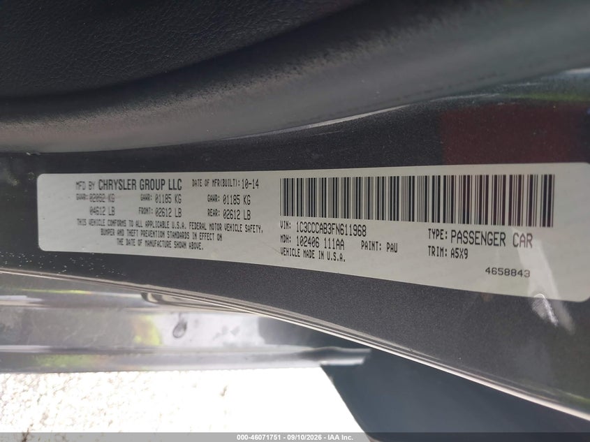 CHRYSLER 200 2015 VIN 1C3CCCAB3FN611968