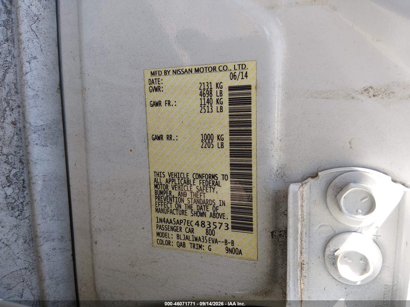 NISSAN MAXIMA 2014 VIN 1N4AA5AP7EC483573
