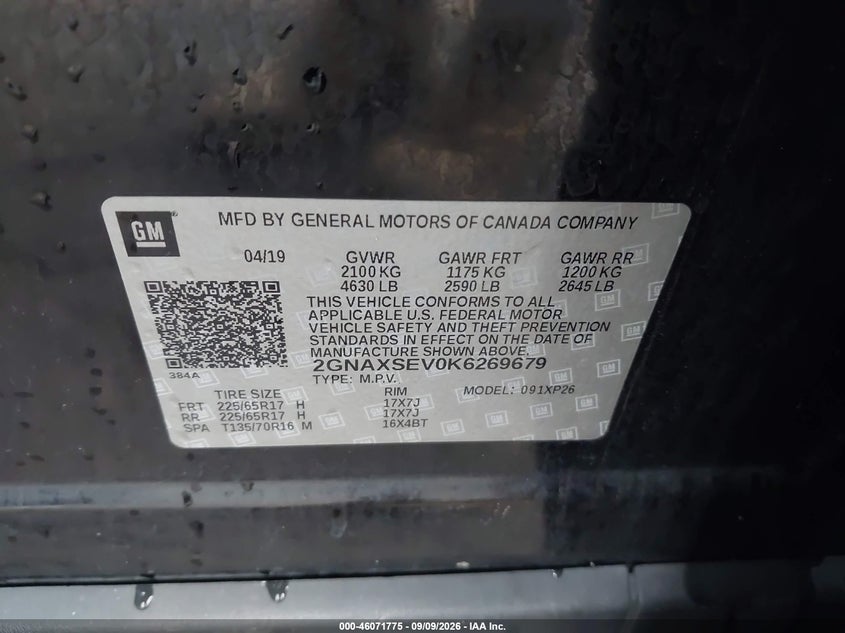 CHEVROLET EQUINOX 2019 VIN 2GNAXSEV0K6269679