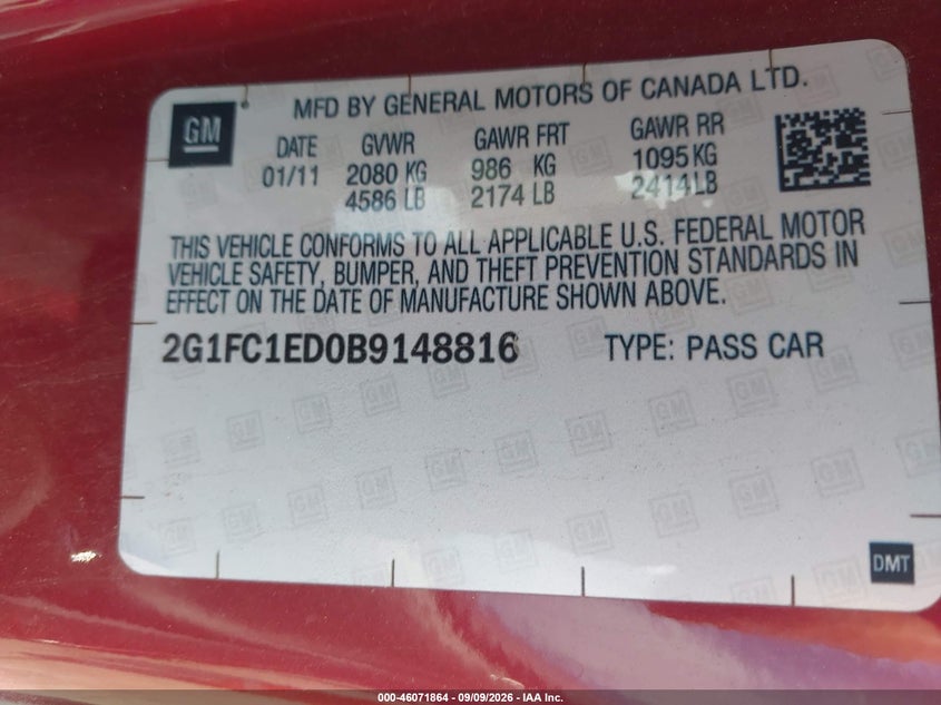CHEVROLET CAMARO 2011 VIN 2G1FC1ED0B9148816