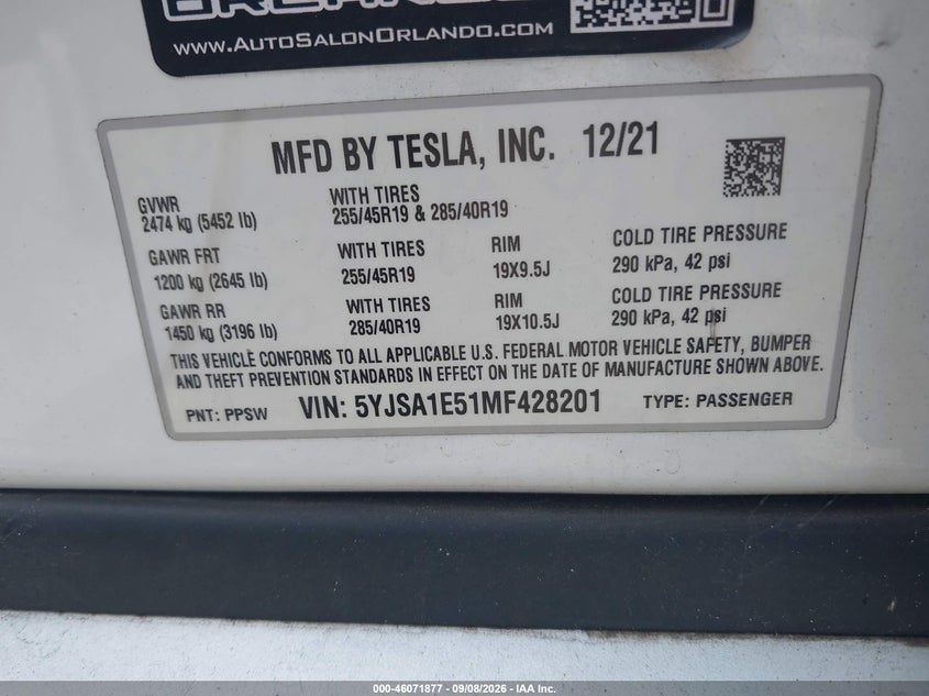 TESLA MODEL S 2021 VIN 5YJSA1E51MF428201