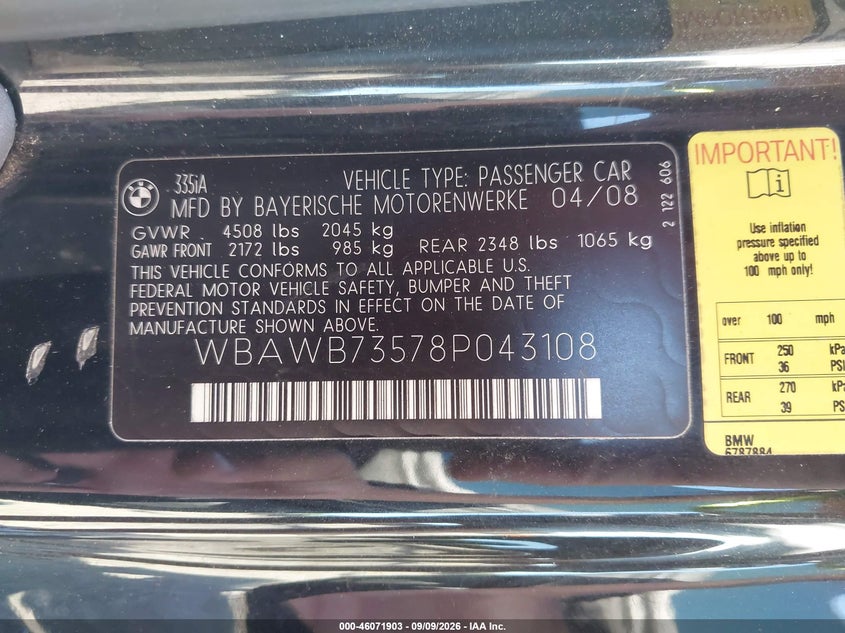 BMW 335I 2008 VIN WBAWB73578P043108