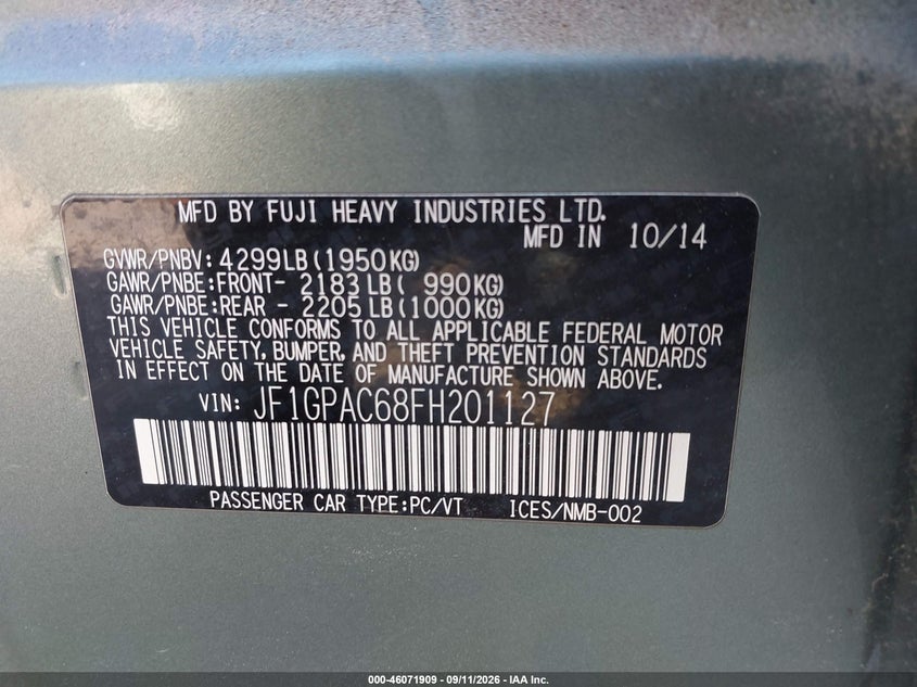 SUBARU IMPREZA 2015 VIN JF1GPAC68FH201127