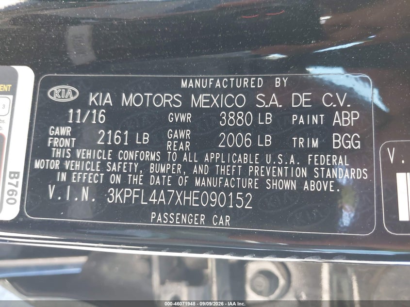KIA FORTE 2017 VIN 3KPFL4A7XHE090152