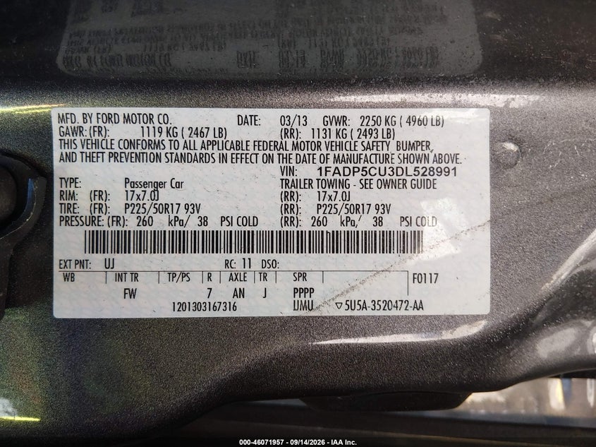 FORD C-MAX ENERGI 2013 VIN 1FADP5CU3DL528991