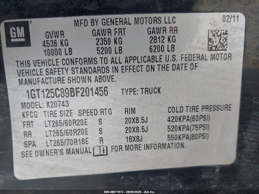 GMC SIERRA 2500HD 2011 VIN 1GT125C89BF201456