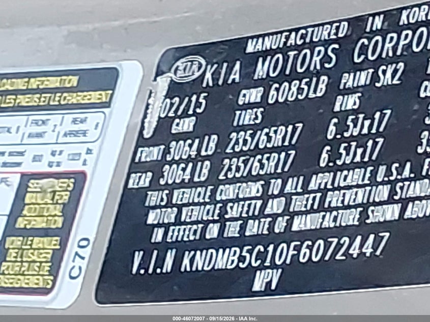 KIA SEDONA 2015 VIN KNDMB5C10F6072447