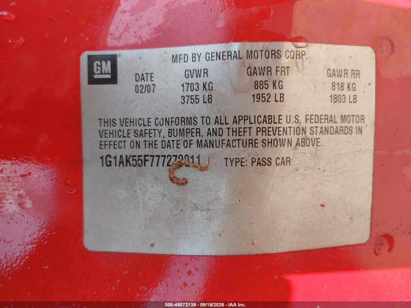 CHEVROLET COBALT 2007 VIN 1G1AK55F777278011