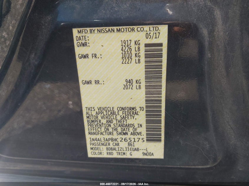 NISSAN ALTIMA 2017 VIN 1N4AL3AP8HC265175