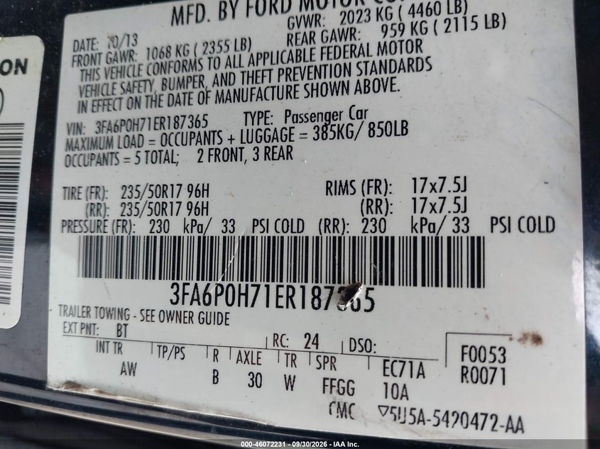 FORD FUSION 2014 VIN 3FA6P0H71ER187365
