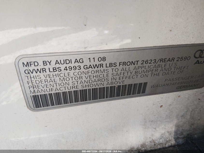 AUDI A6 2009 VIN WAUAH74F49N025887