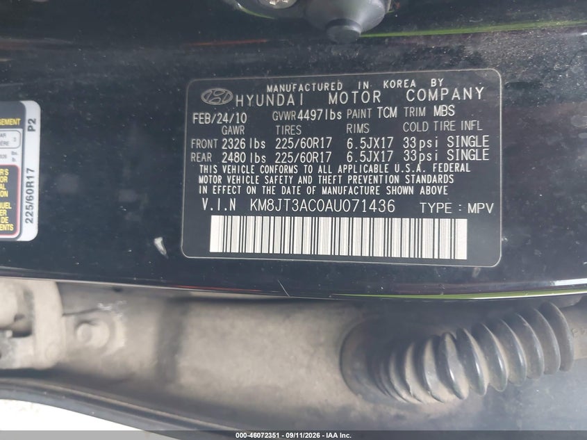 HYUNDAI TUCSON 2010 VIN KM8JT3AC0AU071436