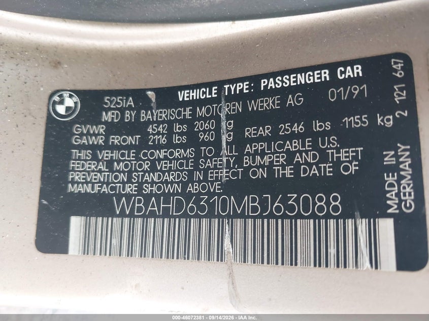 BMW 525 1991 VIN WBAHD6310MBJ63088