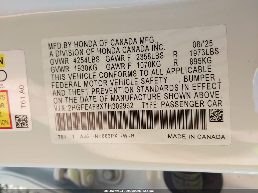 HONDA CIVIC HYBRID 2026 VIN 2HGFE4F8XTH309962
