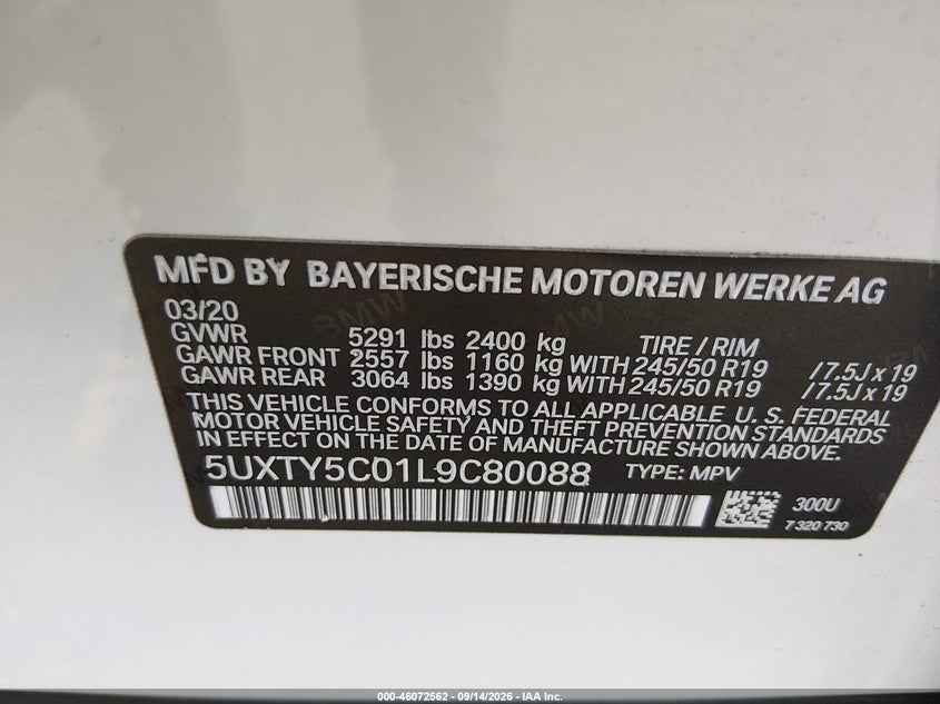 BMW X3 2020 VIN 5UXTY5C01L9C80088