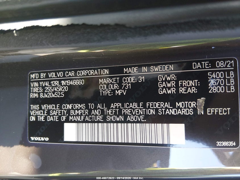 VOLVO XC60 2022 VIN YV4L12RL1N1946660