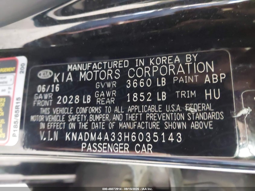 KIA RIO 2017 VIN KNADM4A33H6035143