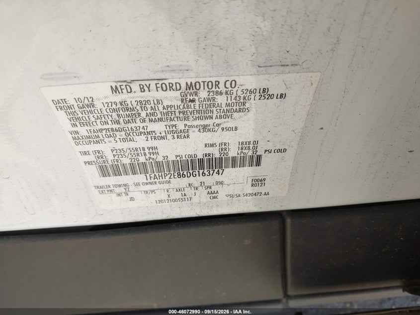 FORD TAURUS 2013 VIN 1FAHP2E86DG163747