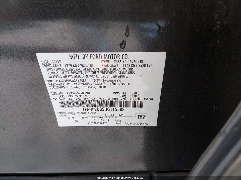 FORD TAURUS 2017 VIN 1FAHP2D85HG115583