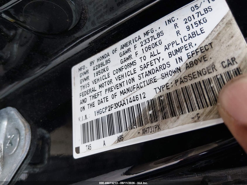 HONDA ACCORD 2010 VIN 1HGCP2F3XAA144612
