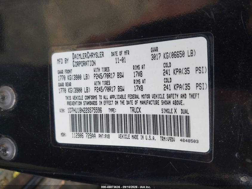 DODGE RAM 1500 2002 VIN 1D7HU18N22S575596