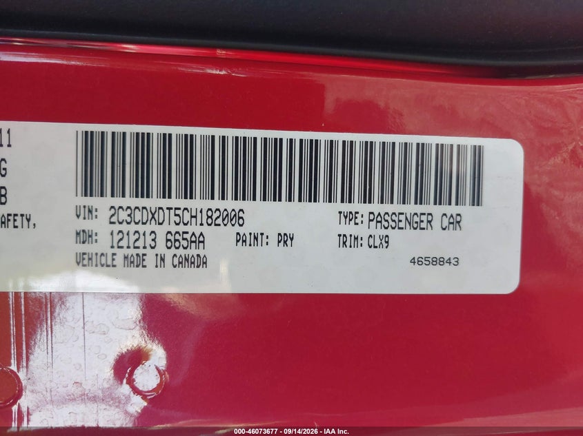 DODGE CHARGER 2012 VIN 2C3CDXDT5CH182006