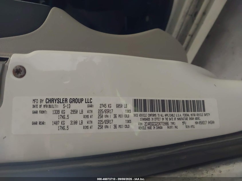 DODGE GRAND CARAVAN 2013 VIN 2C4RDGCG2DR772086