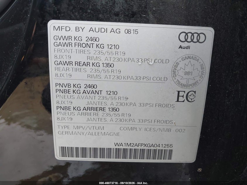 AUDI Q5 2016 VIN WA1M2AFPXGA041255
