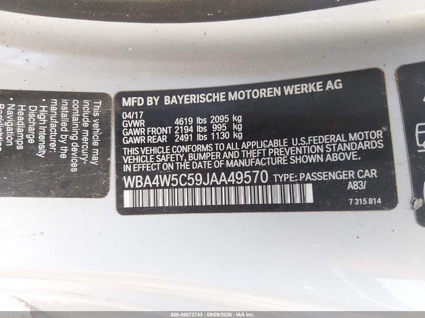 BMW 430I 2018 VIN WBA4W5C59JAA49570