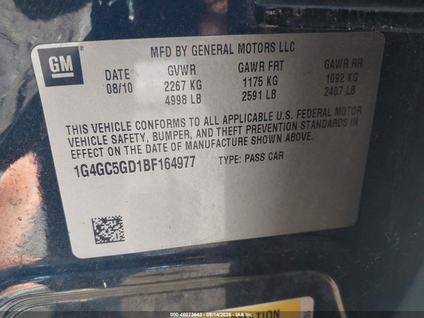 BUICK LACROSSE 2011 VIN 1G4GC5GD1BF164977