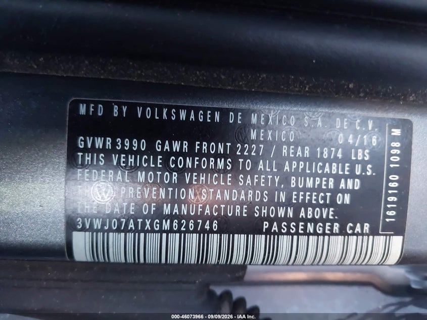 VOLKSWAGEN BEETLE 2016 VIN 3VWJ07ATXGM626746
