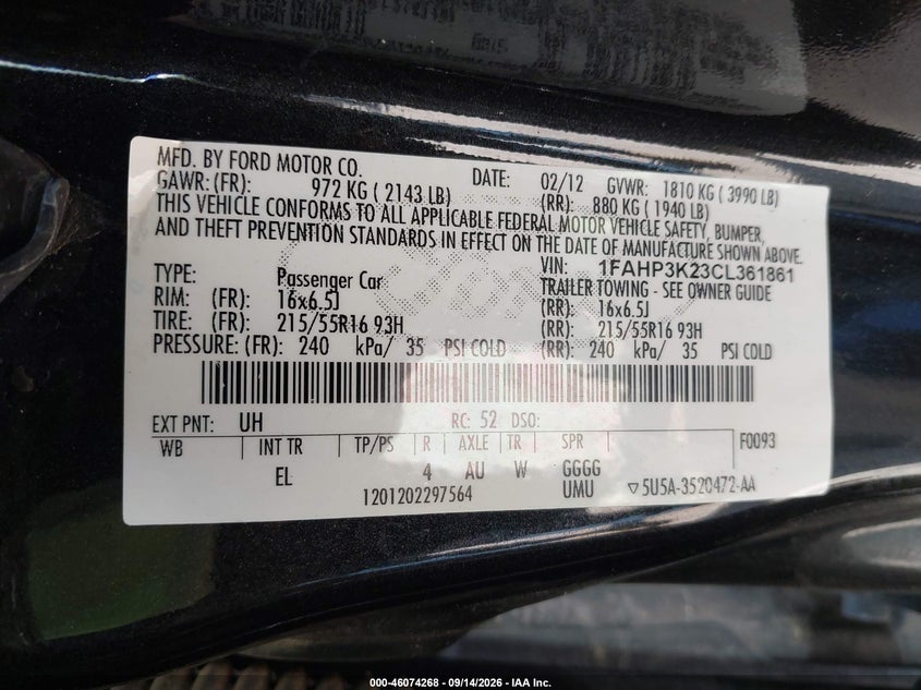 FORD FOCUS 2012 VIN 1FAHP3K23CL361861