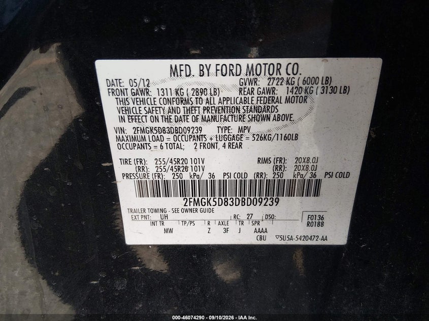 FORD FLEX 2013 VIN 2FMGK5D83DBD09239